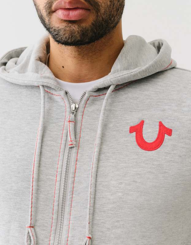 True Religion Big T Slub Zip Up Hoodie Heather Grey