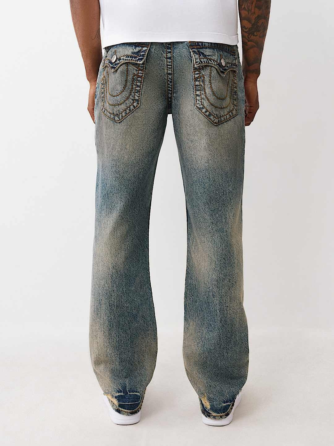 True Religion Jeans Ricky Big T Flap 34in Warm Sand Med Wash With Rips