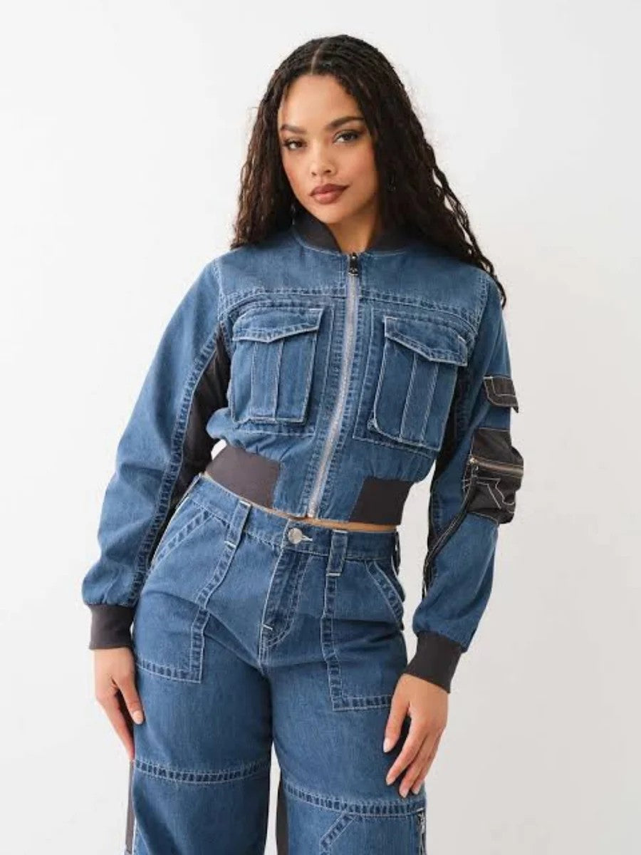 True Religion Jacket Ladies Nylon Cargo Crop Denim