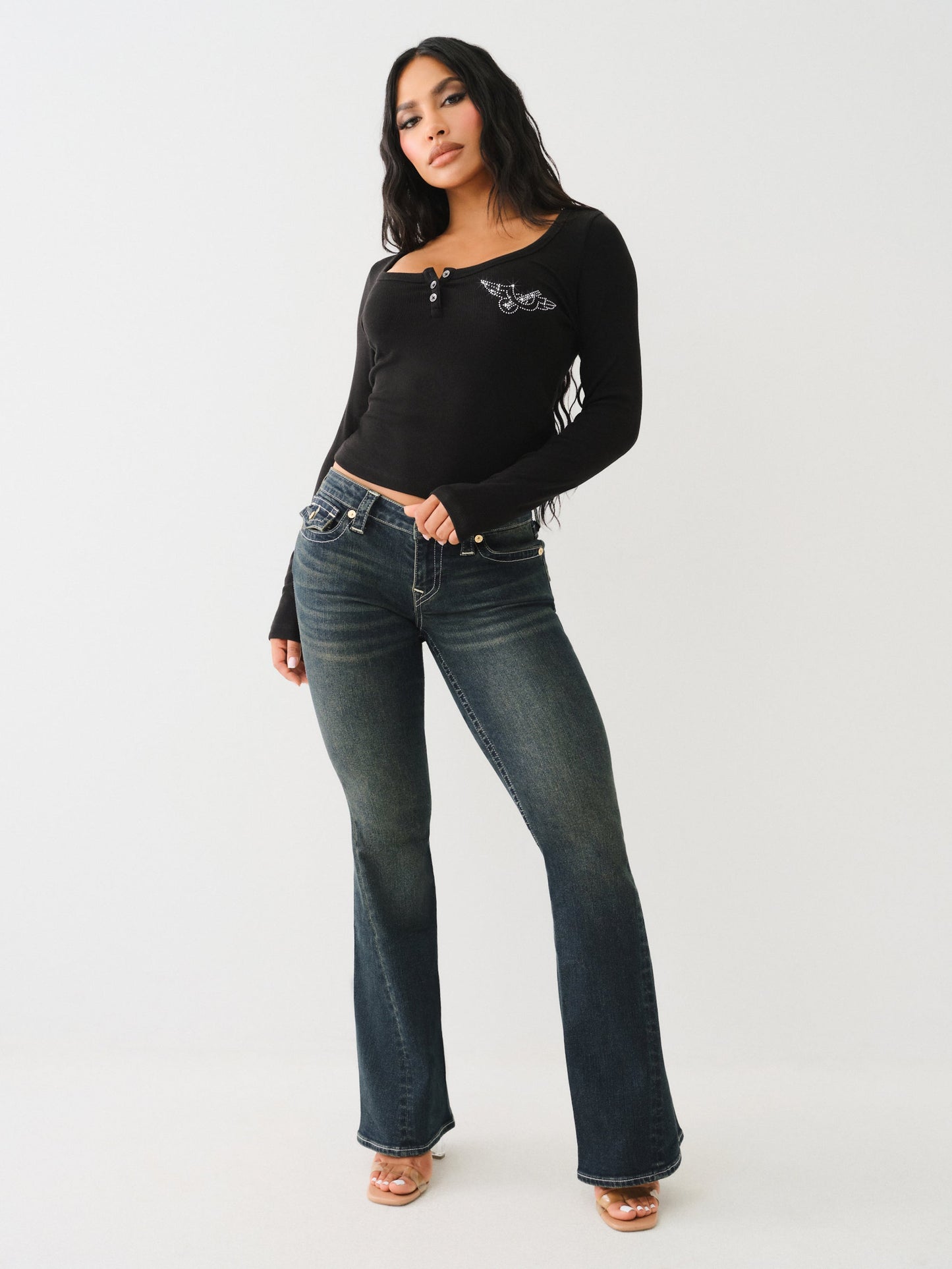 True Religion Scoop Neck Ls Henley Rib Top Jet Black