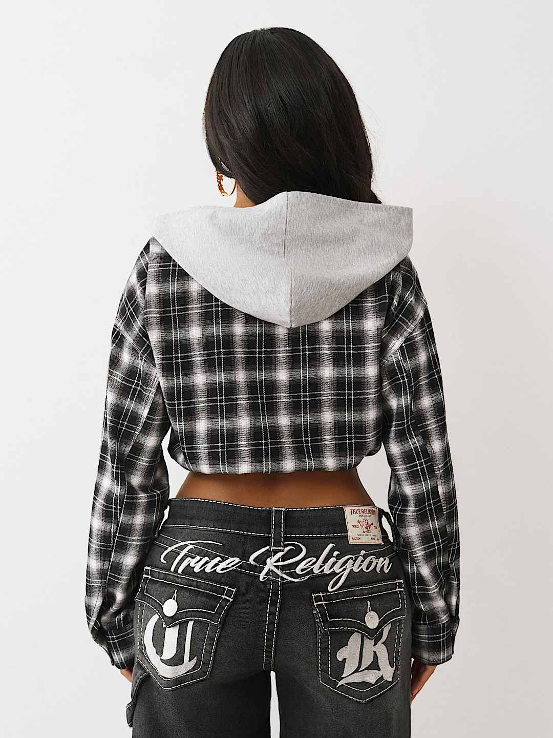 True Religion Hoodie Applique Shrunken Plaid Black / White Plaid