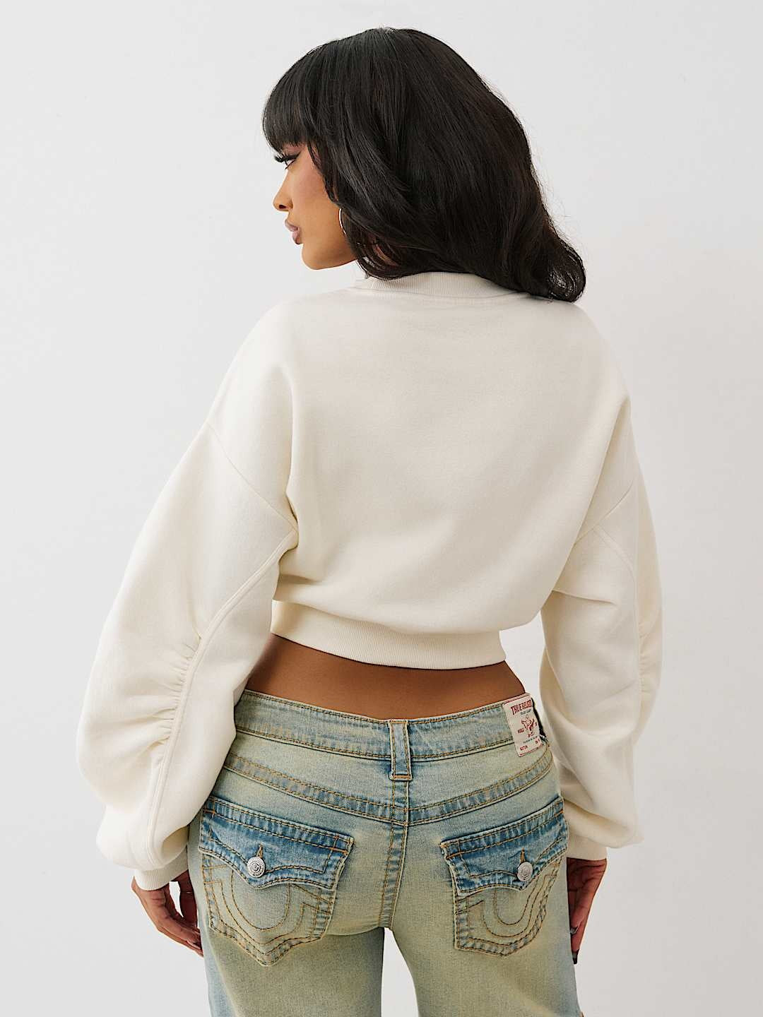 True Religion Sweater Crystl Leopard Ruched Slvs Winter White