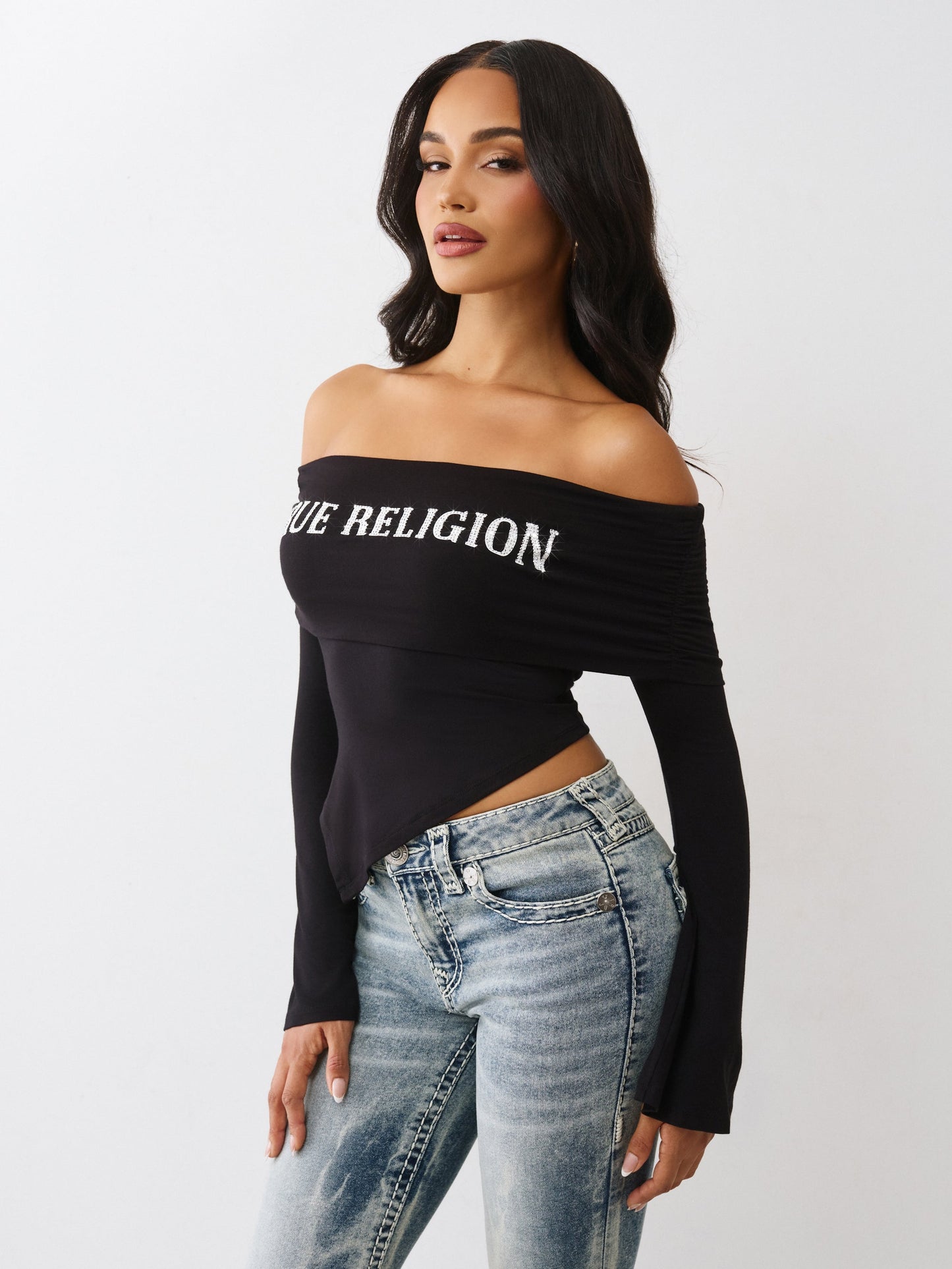 True Religion T-Shirt Printed Crystal Asym Off Shoulder Jet Black
