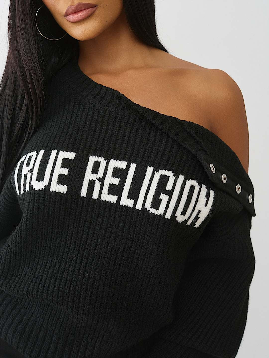 True Religion Sweater Logo Off Shoulder Jet Black
