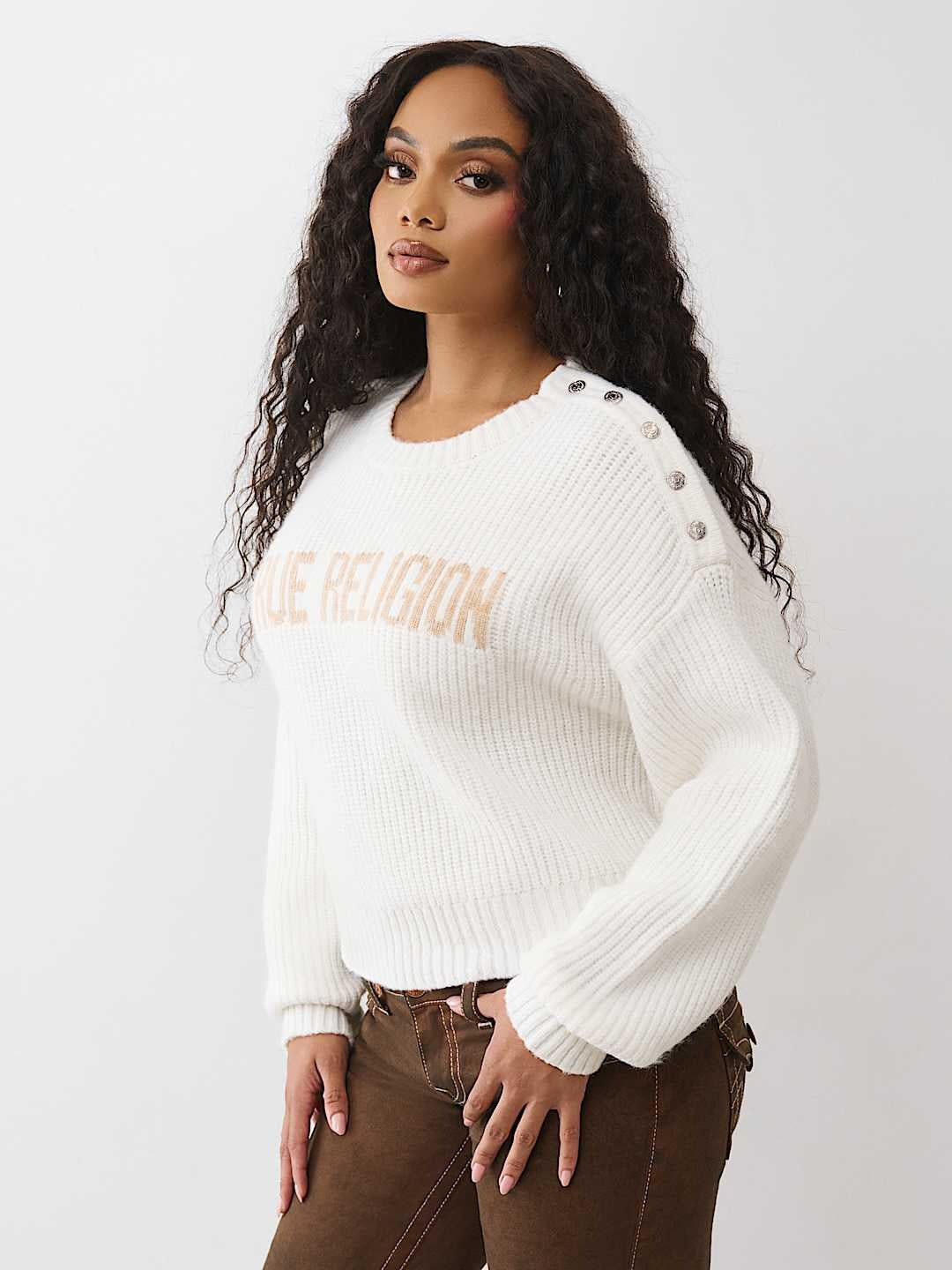 True Religion Sweater Logo Off Shoulder Winter White