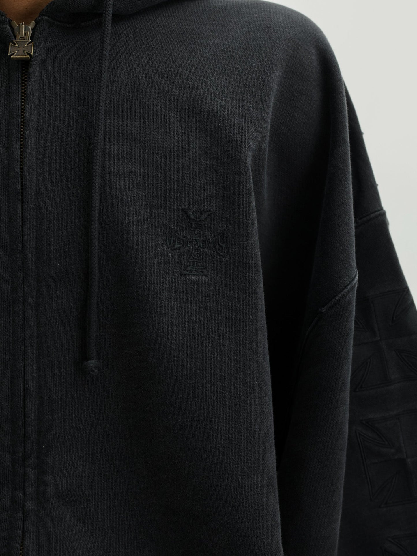 Vetements Hoodie Embroidered Biker Cross Sleeves Zip-Up Black