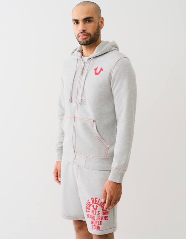 True Religion Big T Slub Zip Up Hoodie Heather Grey