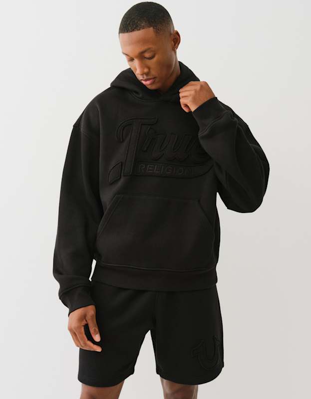 True Religion Cinched Applique Pullover Hood Jet Black