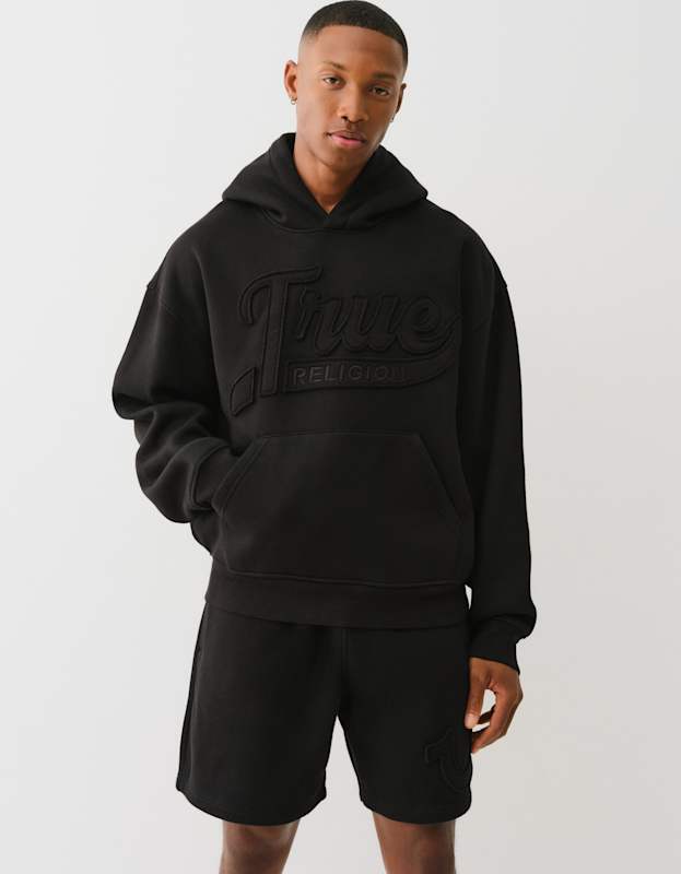 True Religion Cinched Applique Pullover Hood Jet Black