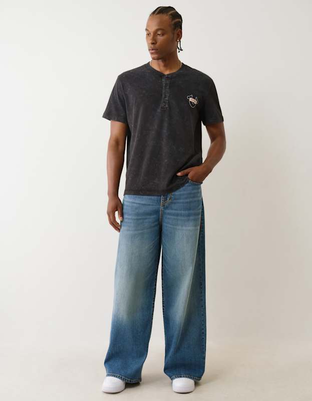 True Religion Ss Pique Mineral Patch Henley Jet Black