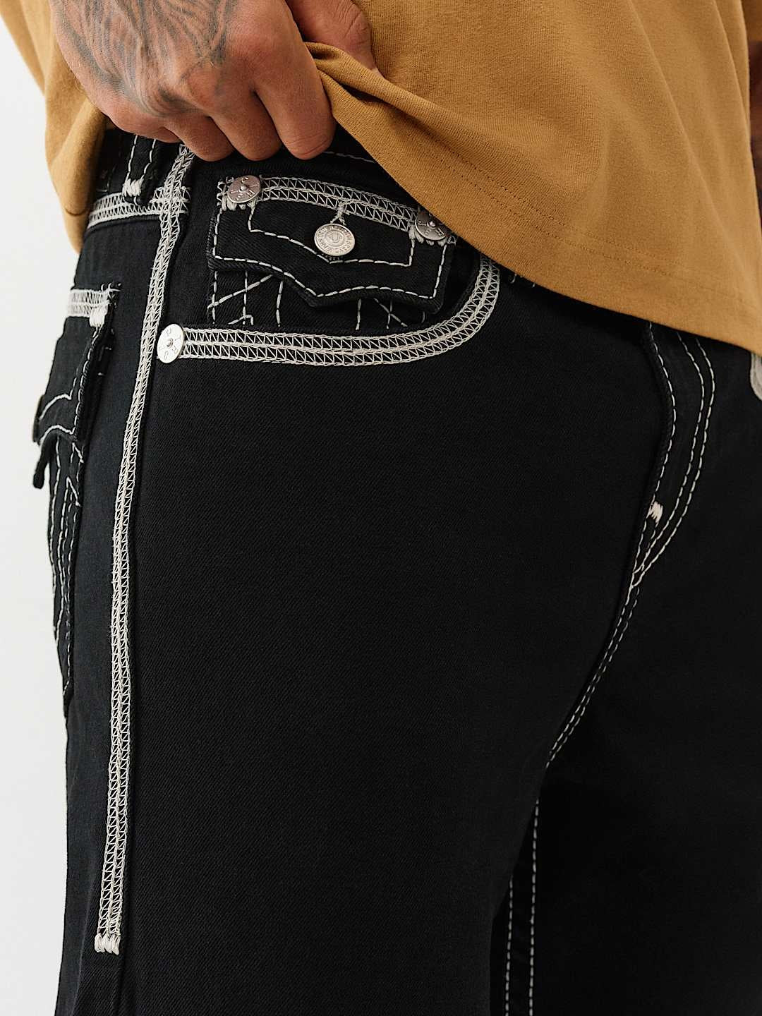 True Religion Jeans Super Flatlock Vinny Flap 34in Black Rinse