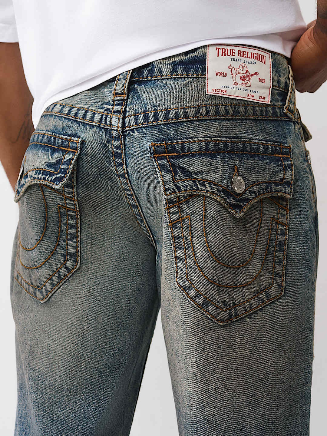 True Religion Jeans Ricky Big T Flap 34in Warm Sand Med Wash With Rips