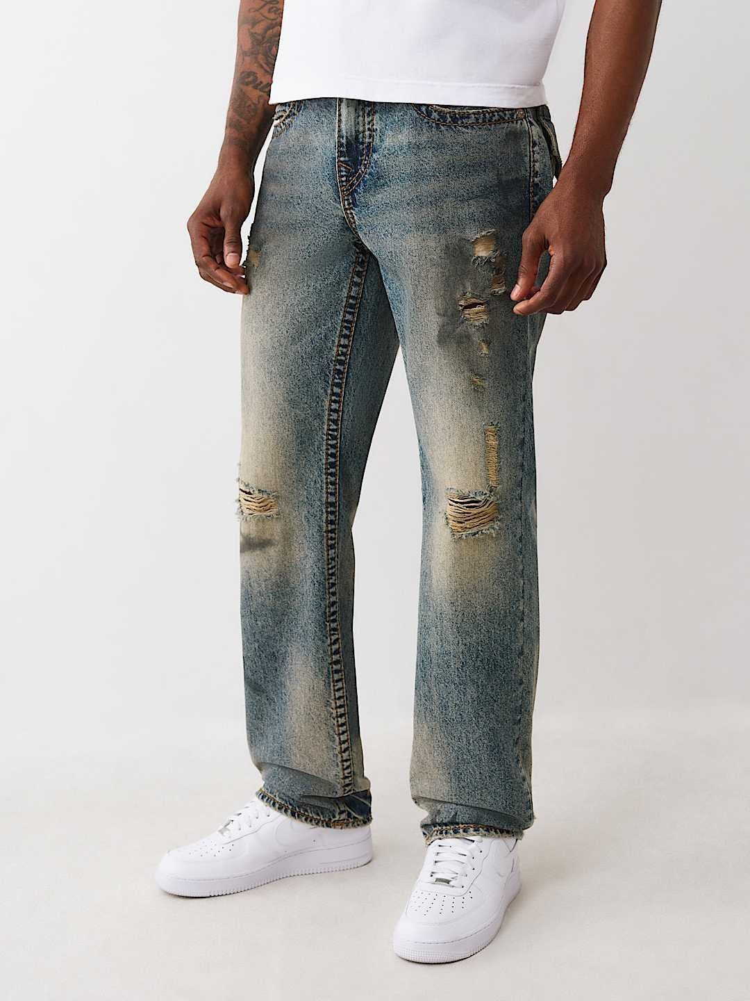 True Religion Jeans Ricky Big T Flap 34in Warm Sand Med Wash With Rips
