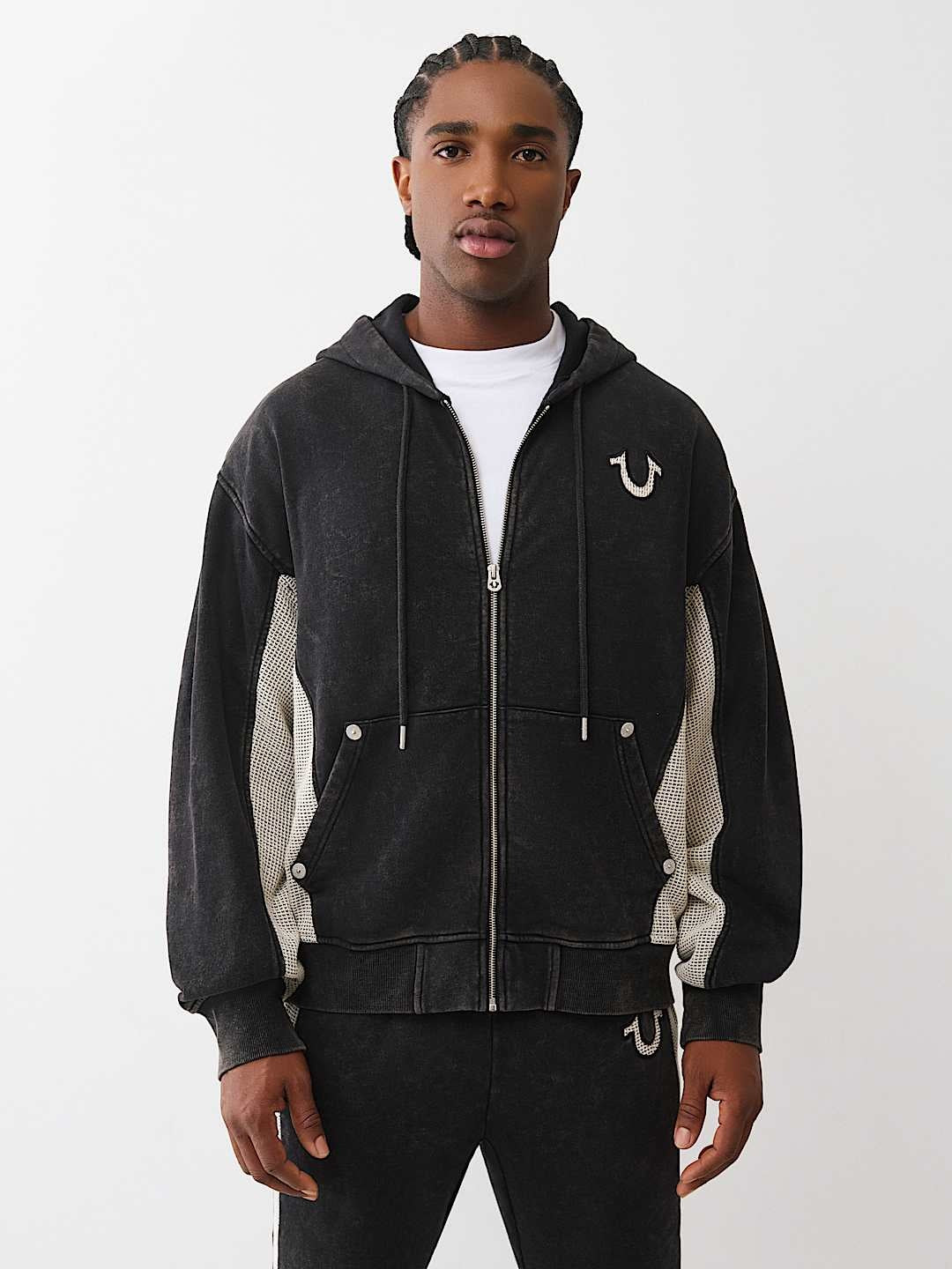 True Religion Hoodie Mesh Inset Rust Cinched Up Jet Black