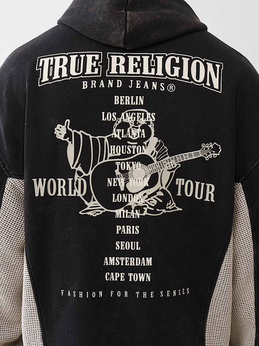 True Religion Hoodie Mesh Inset Rust Cinched Up Jet Black