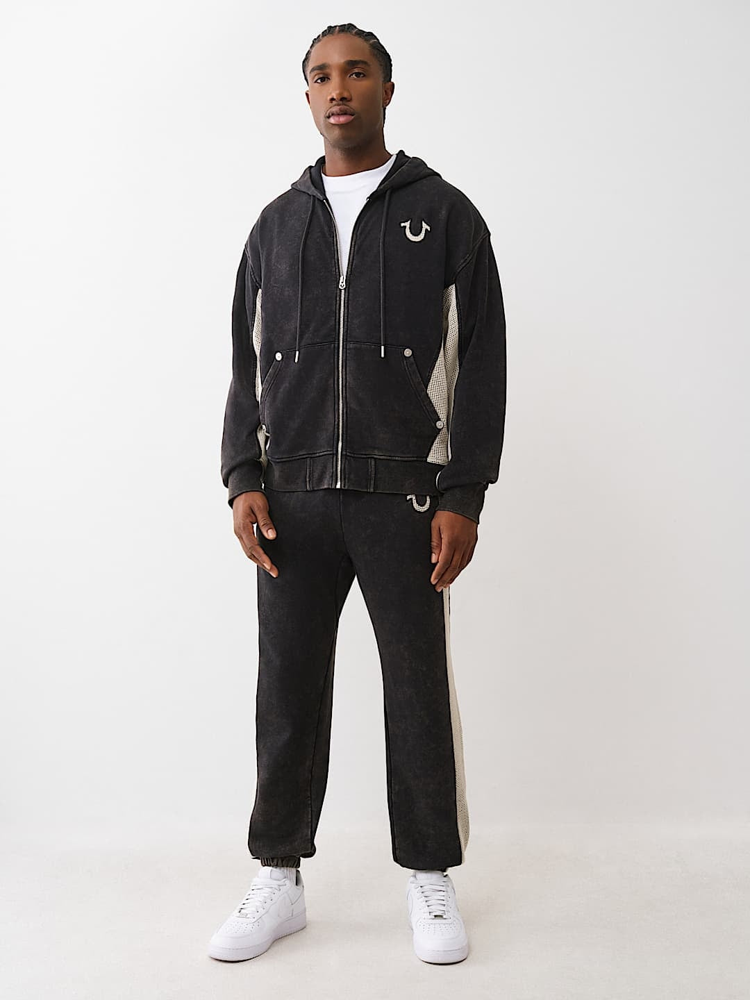 True Religion Hoodie Mesh Inset Rust Cinched Up Jet Black