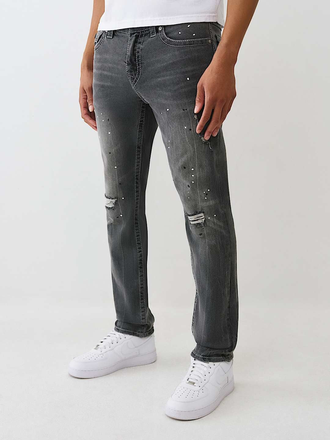 True Religion Rocco Big T Flap 32in Distortion Grey Wash With Rips