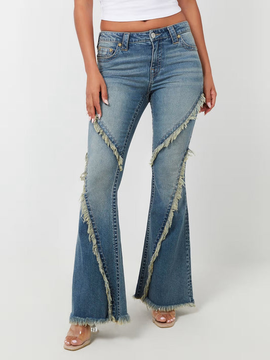 True Religion Jeans Ladies Distressed Frayed Flare Medium Wash
