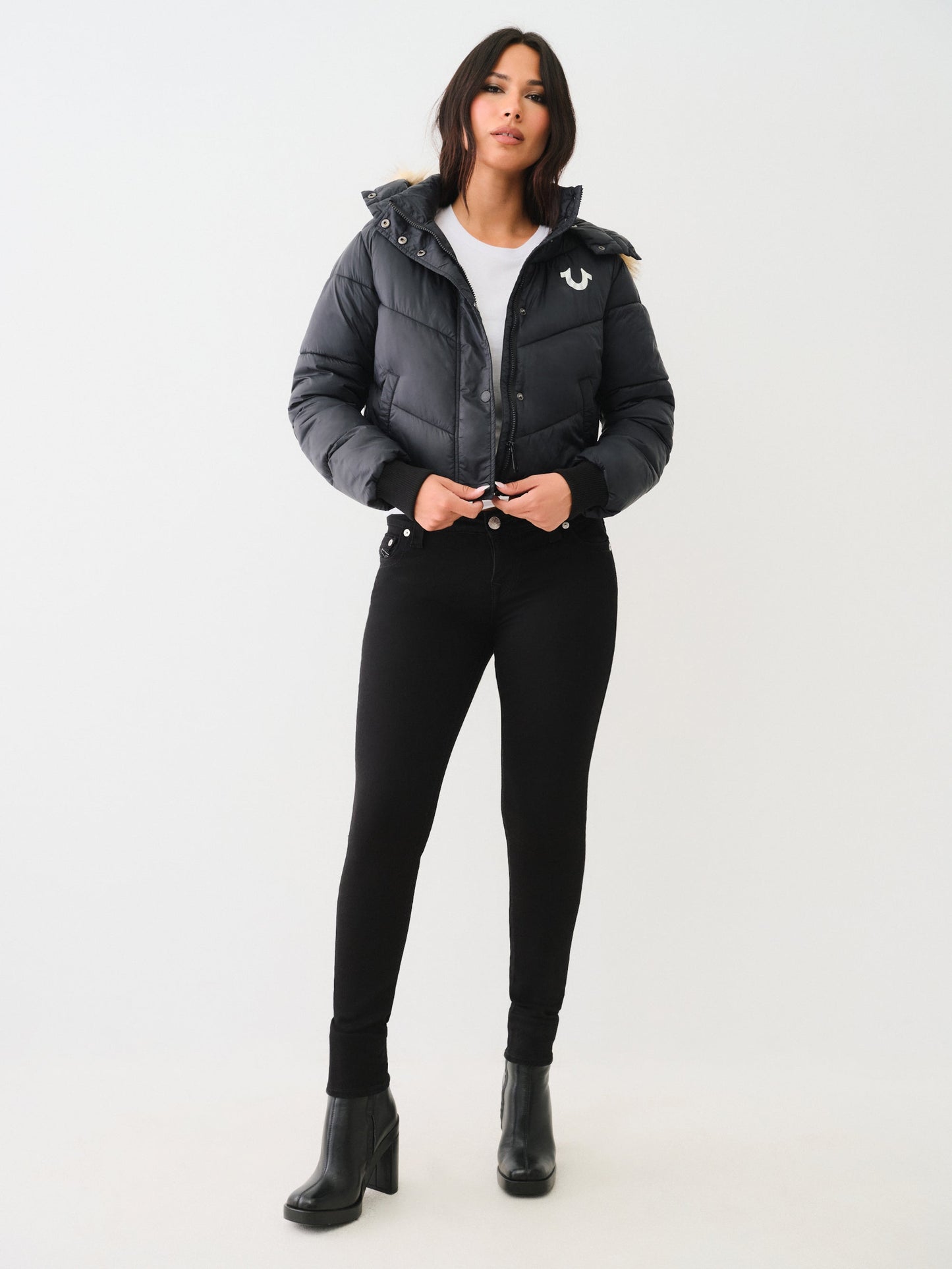True Religion Fur Trim Puffer Jacket Jet Black