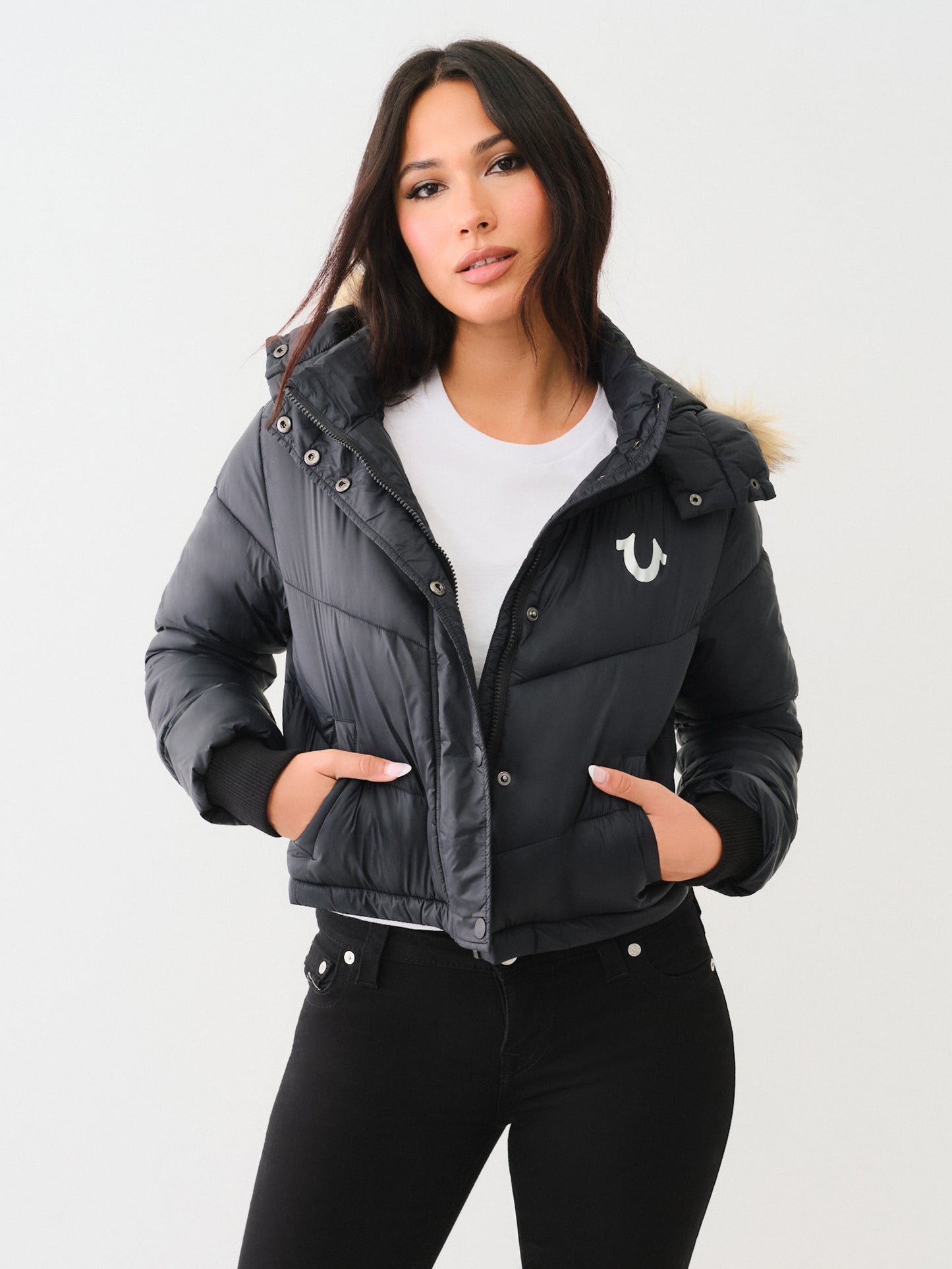 True Religion Fur Trim Puffer Jacket Jet Black