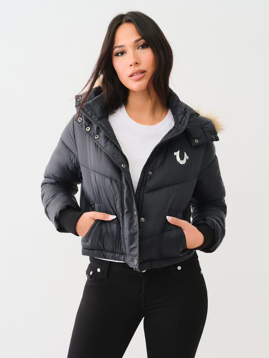 True Religion Fur Trim Puffer Jacket Jet Black