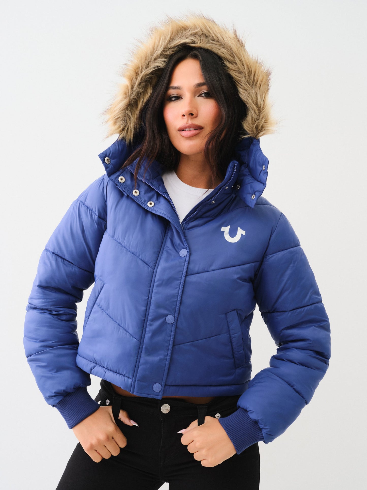 True Religion Fur Trim Puffer Jacket Sodalite Blue