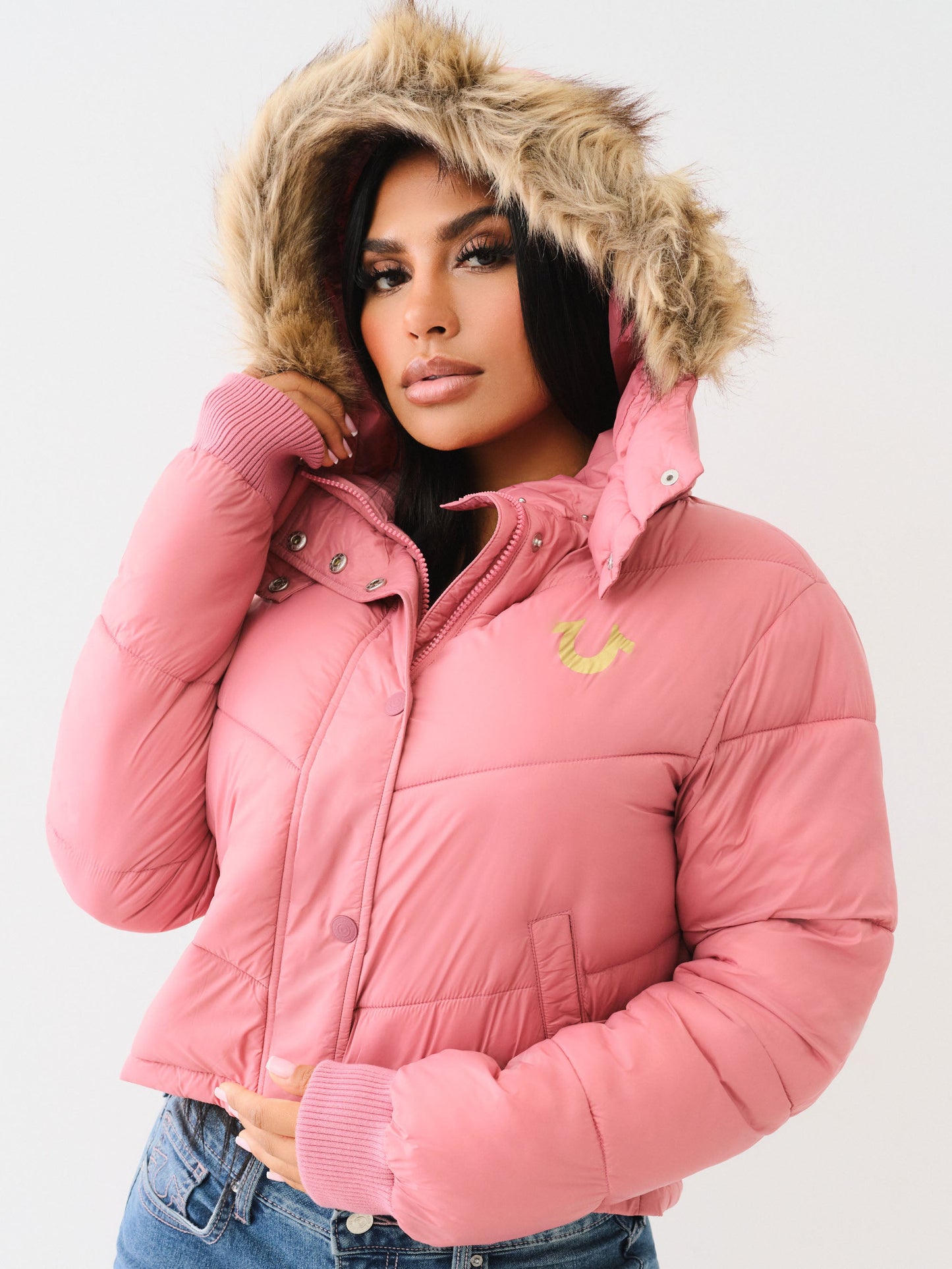 True Religion Fur Trim Puffer Jacket Mauvewood