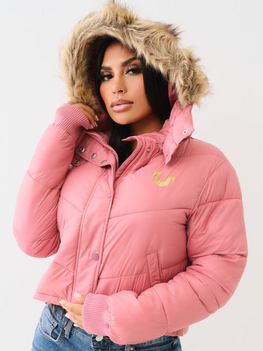 True Religion Fur Trim Puffer Jacket Mauvewood