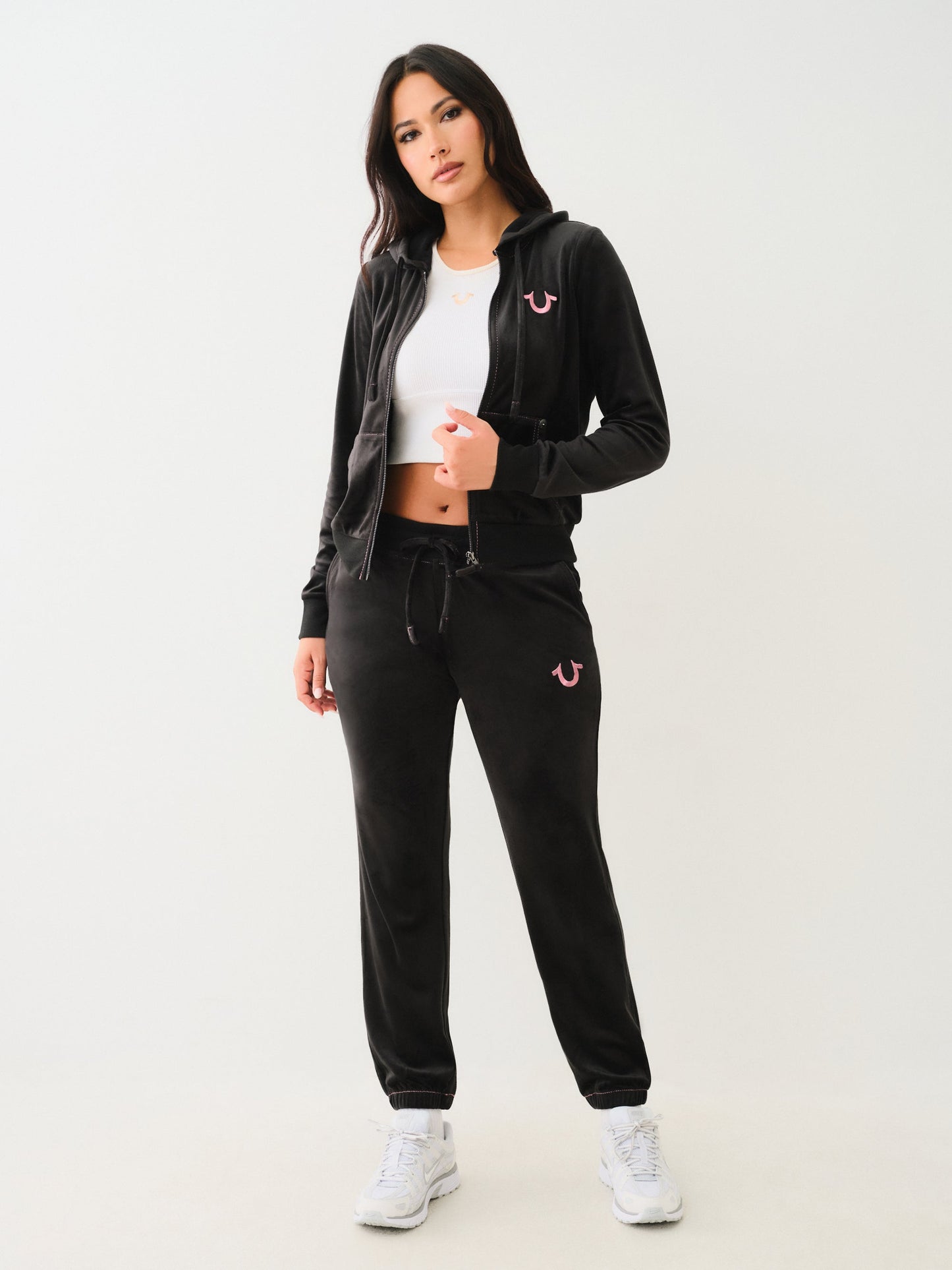 True Religion Velour Lurex Big T Zip Hoodie Jet Black