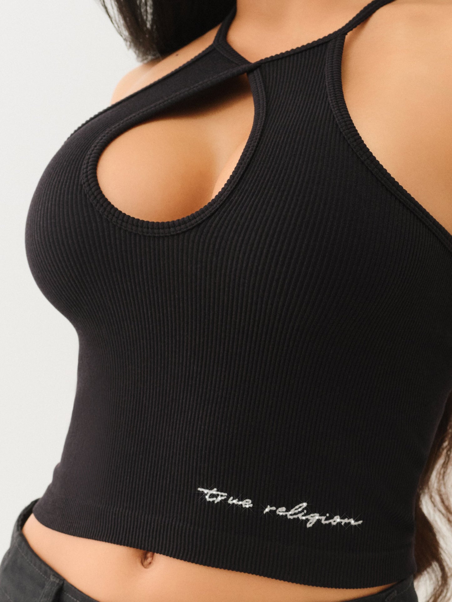True Religion Crystl Seamless Keyhole Halter Jet Black