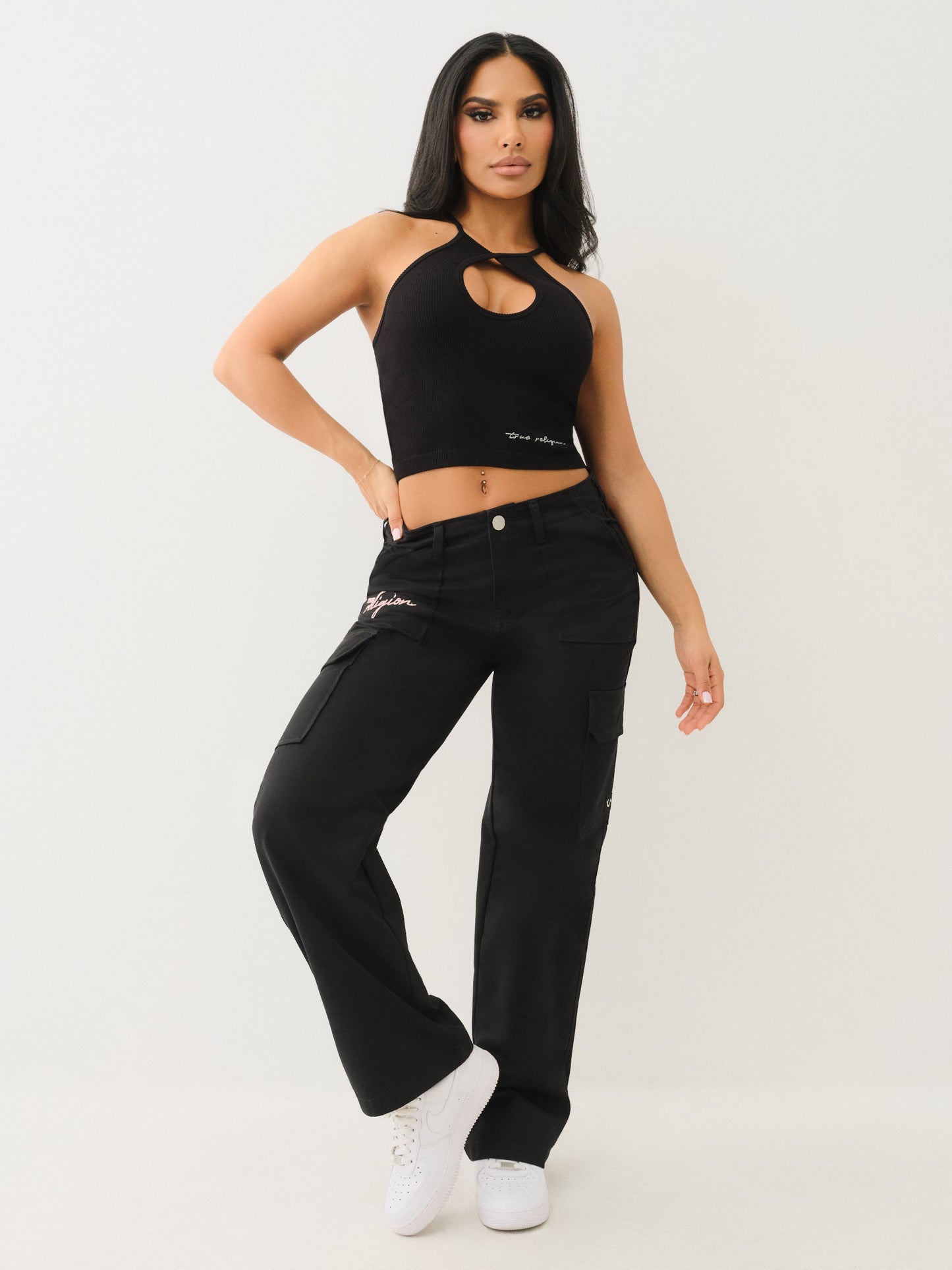 True Religion Crystl Seamless Keyhole Halter Jet Black