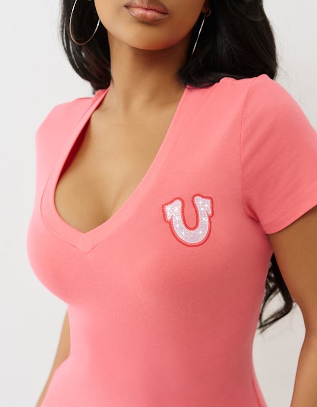 True Religion  Crystal Buddha V Neck Tee Sunkist Coral