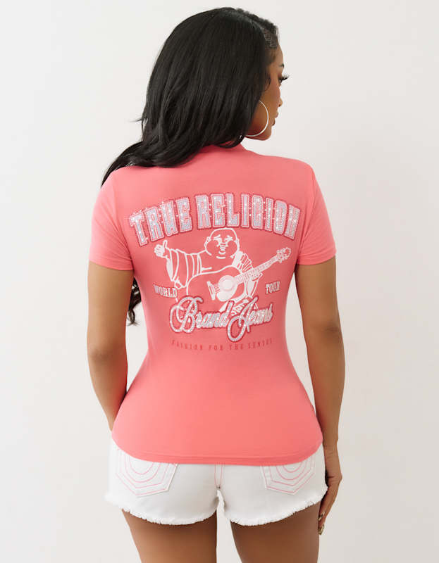 True Religion  Crystal Buddha V Neck Tee Sunkist Coral