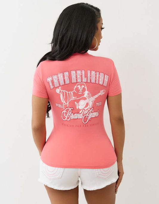 True Religion  Crystal Buddha V Neck Tee Sunkist Coral