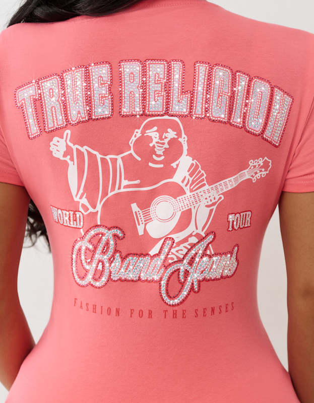 True Religion  Crystal Buddha V Neck Tee Sunkist Coral