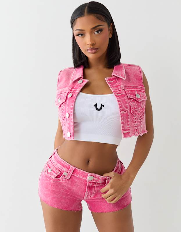 True Religion Cropped Vest Big T Sunkist Coral
