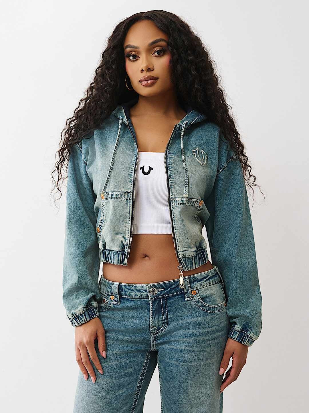 True Religion Hoodie Denim Zip Up Big T Vocal Harmony