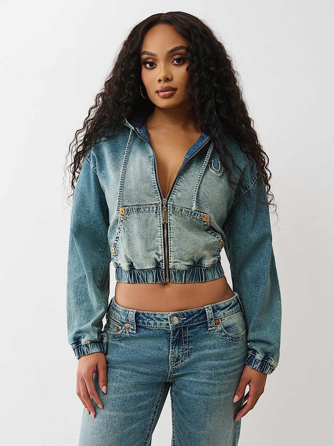 True Religion Hoodie Denim Zip Up Big T Vocal Harmony