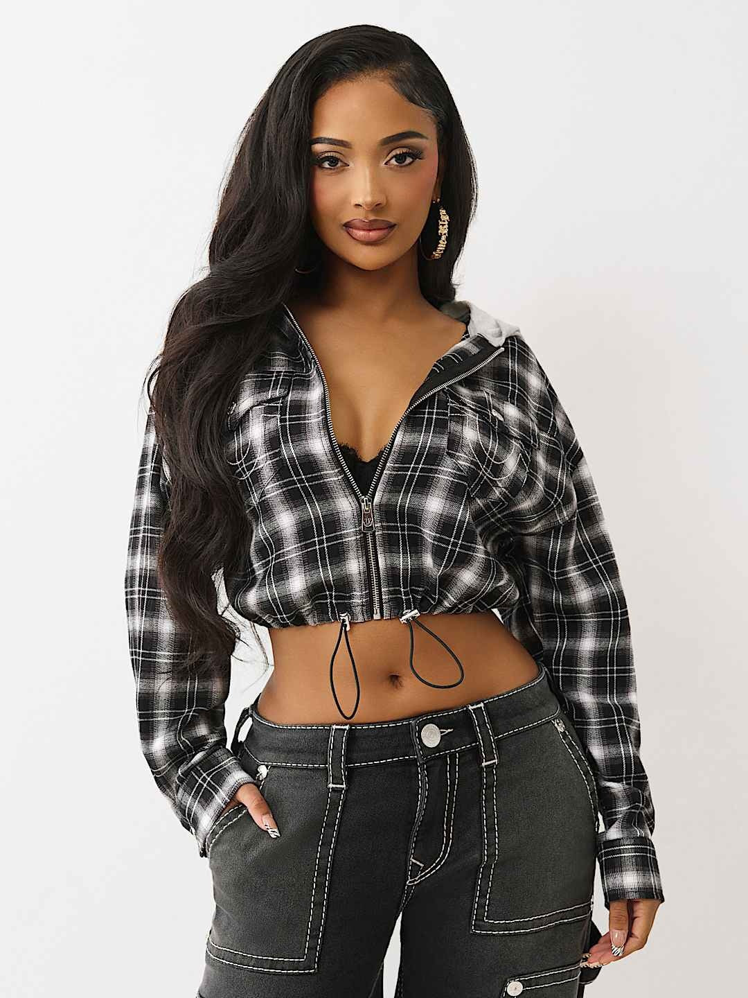 True Religion Hoodie Applique Shrunken Plaid Black / White Plaid