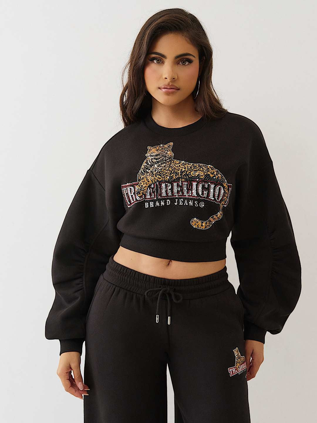 True Religion Sweater Crystl Leopard Ruched Slvs Jet Black