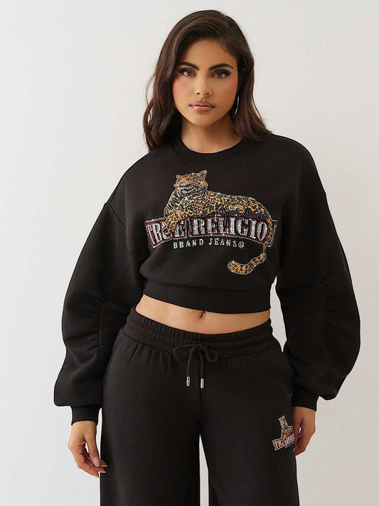 True Religion Sweater Crystl Leopard Ruched Slvs Jet Black