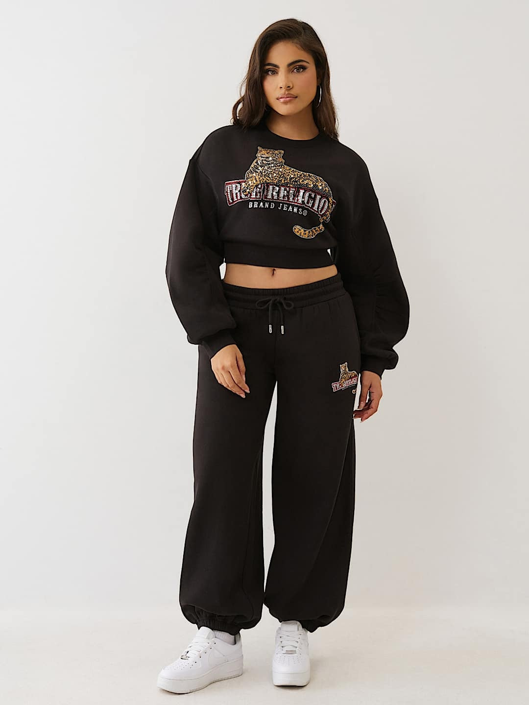 True Religion Sweater Crystl Leopard Ruched Slvs Jet Black