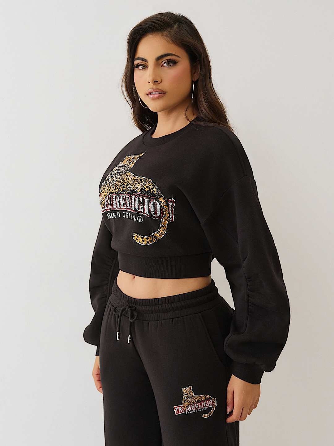 True Religion Sweater Crystl Leopard Ruched Slvs Jet Black