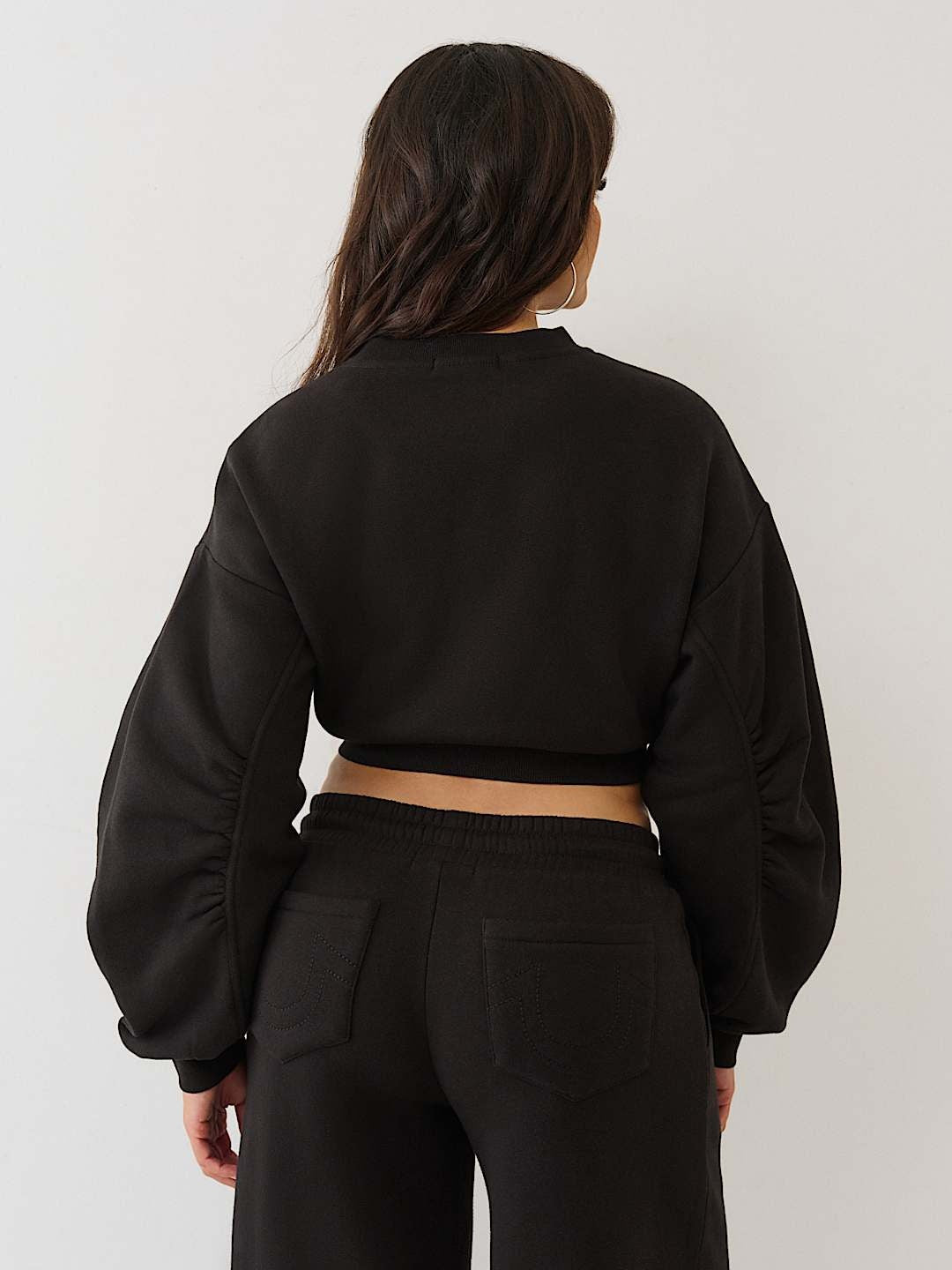 True Religion Sweater Crystl Leopard Ruched Slvs Jet Black