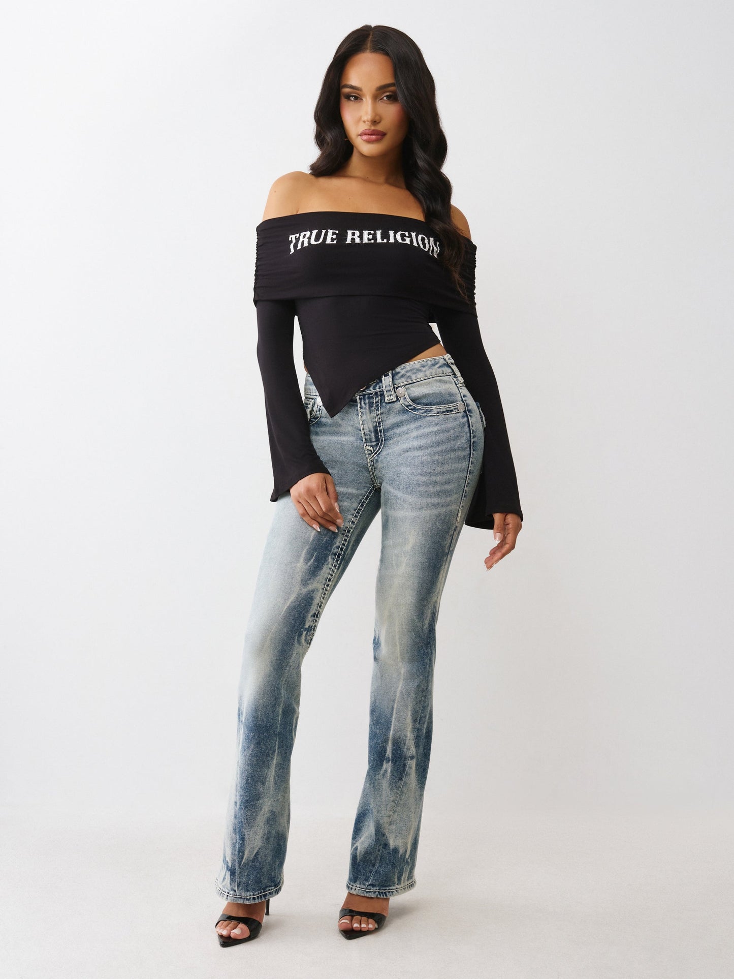 True Religion T-Shirt Printed Crystal Asym Off Shoulder Jet Black