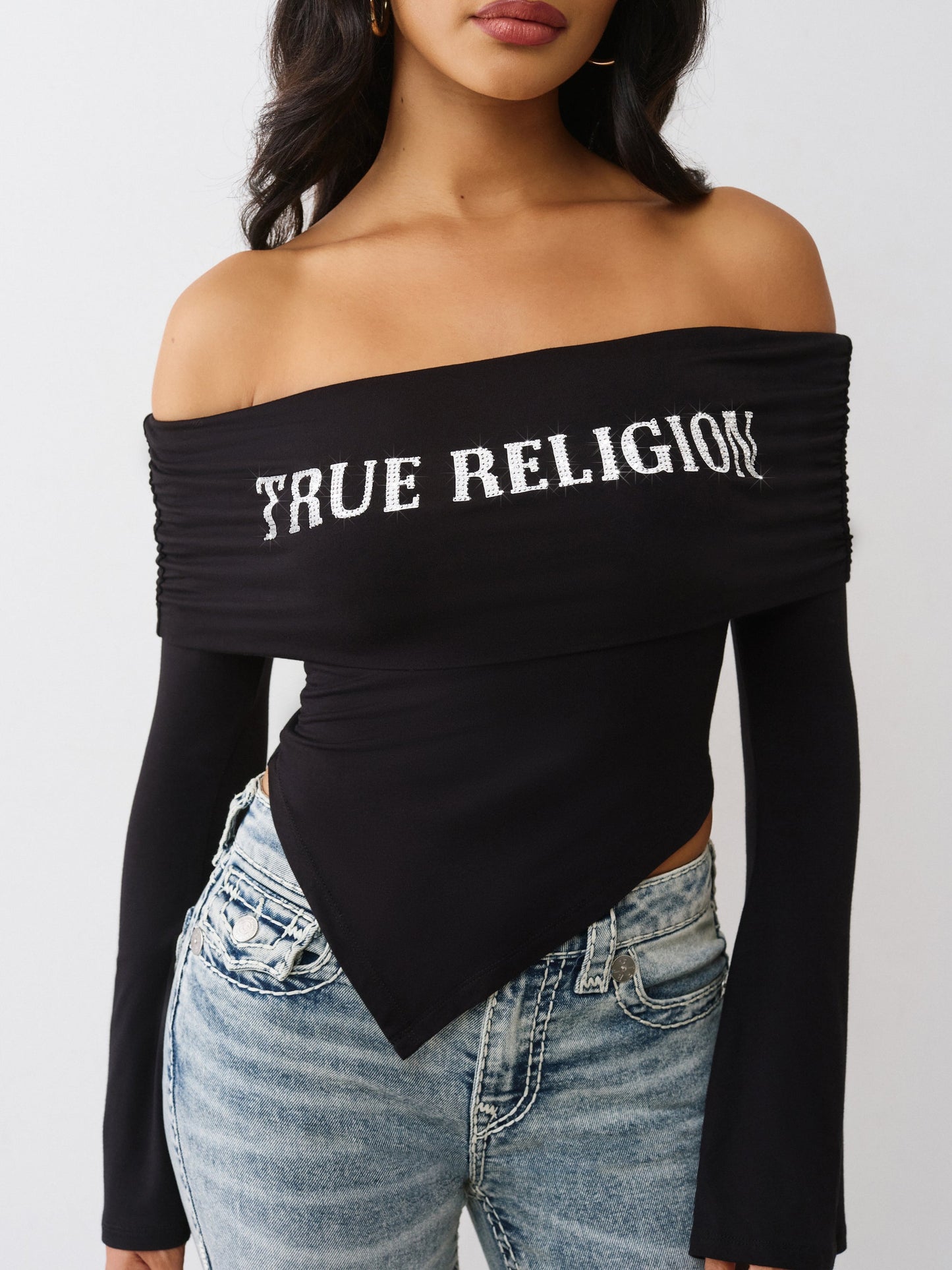 True Religion T-Shirt Printed Crystal Asym Off Shoulder Jet Black