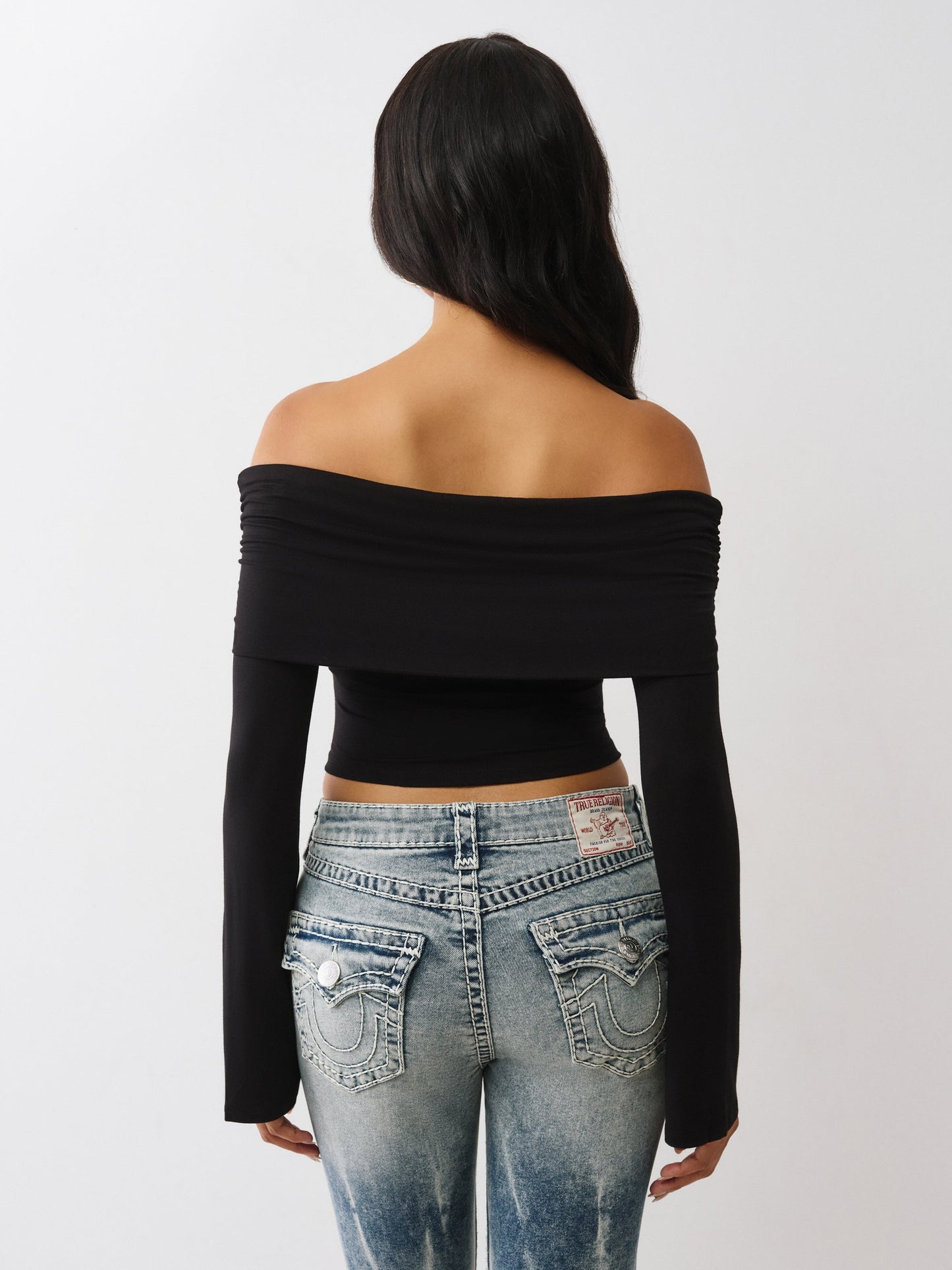 True Religion T-Shirt Printed Crystal Asym Off Shoulder Jet Black