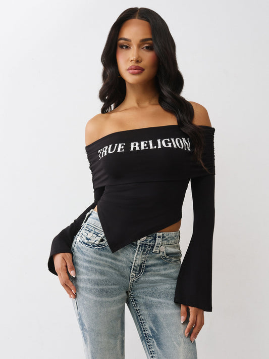 True Religion T-Shirt Printed Crystal Asym Off Shoulder Jet Black