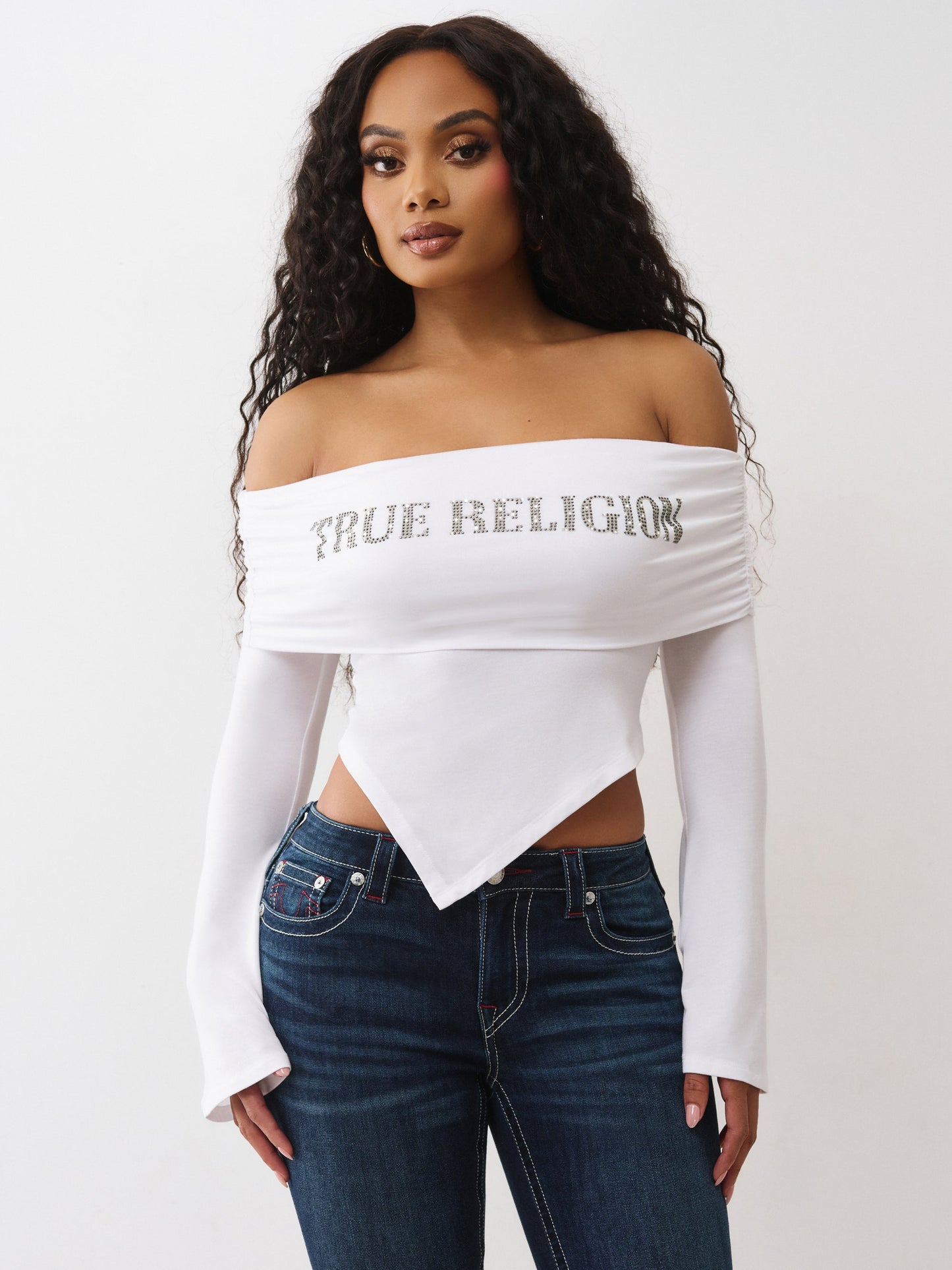 True Religion T-Shirt Printed Crystal Asym Off Shoulder Optic White