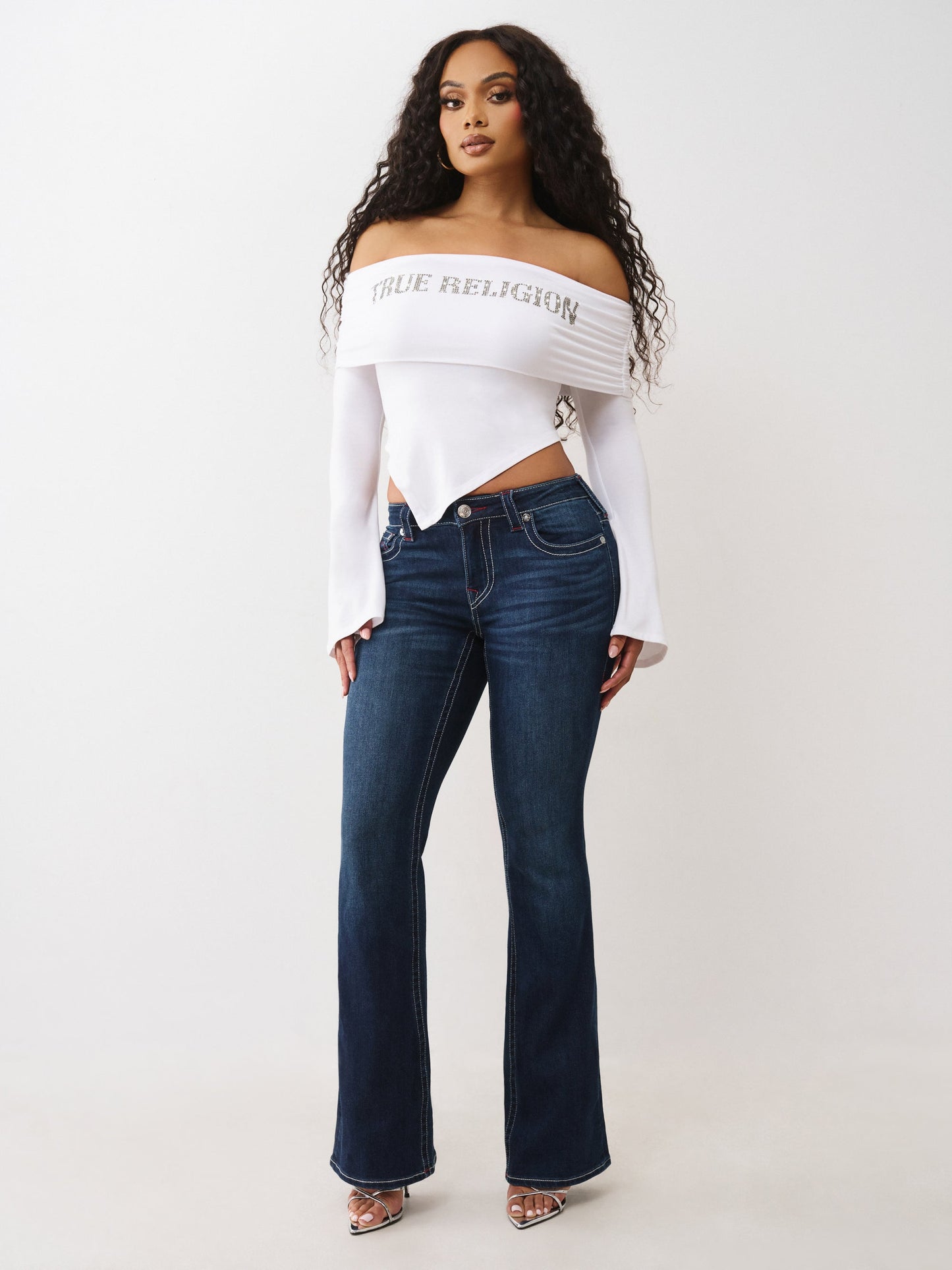 True Religion T-Shirt Printed Crystal Asym Off Shoulder Optic White